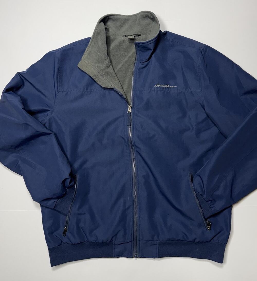 Eddie Bauer Men's L Blue/Gray Full Zip Lined Jacket Stand-Up Collar Short L